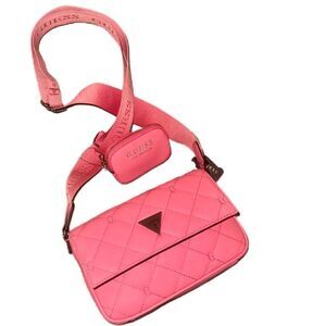 GUESS Colton Crossbody Quilted Flap Shoulder Bag & Mini Pouch Coral Faux Leather